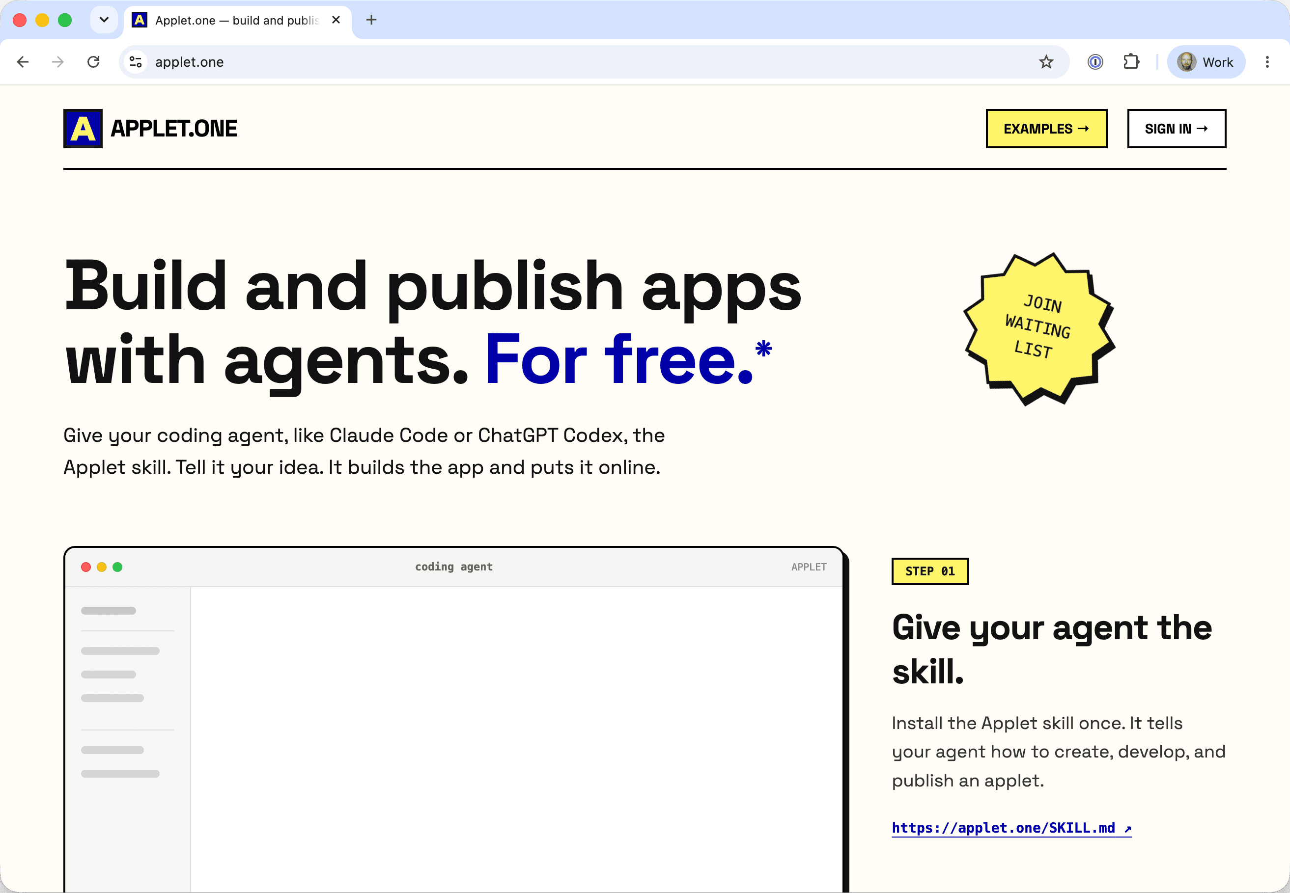 Applet.one: Build and publish apps with agents. For free.