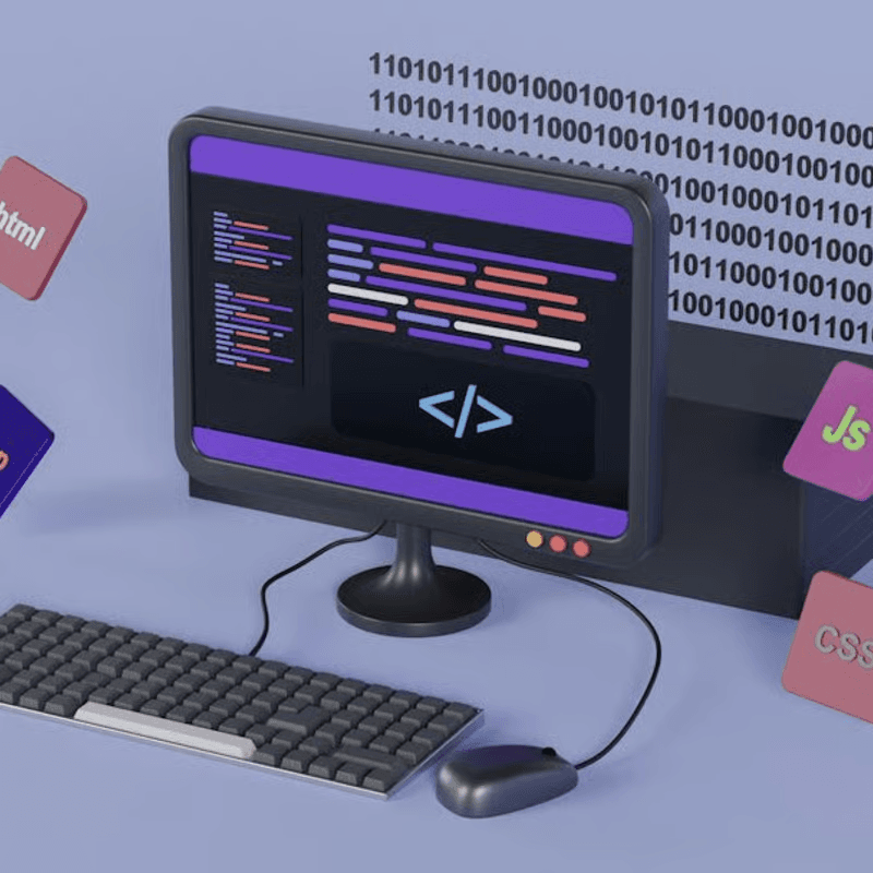 Illustration of a computer displaying code with programming language symbols