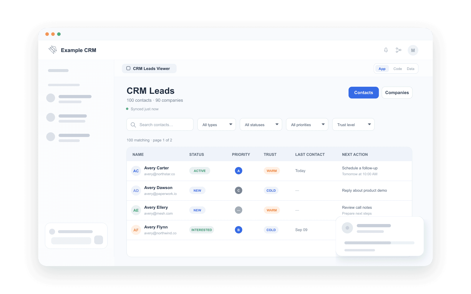 CRM leads application created with Tavon Build