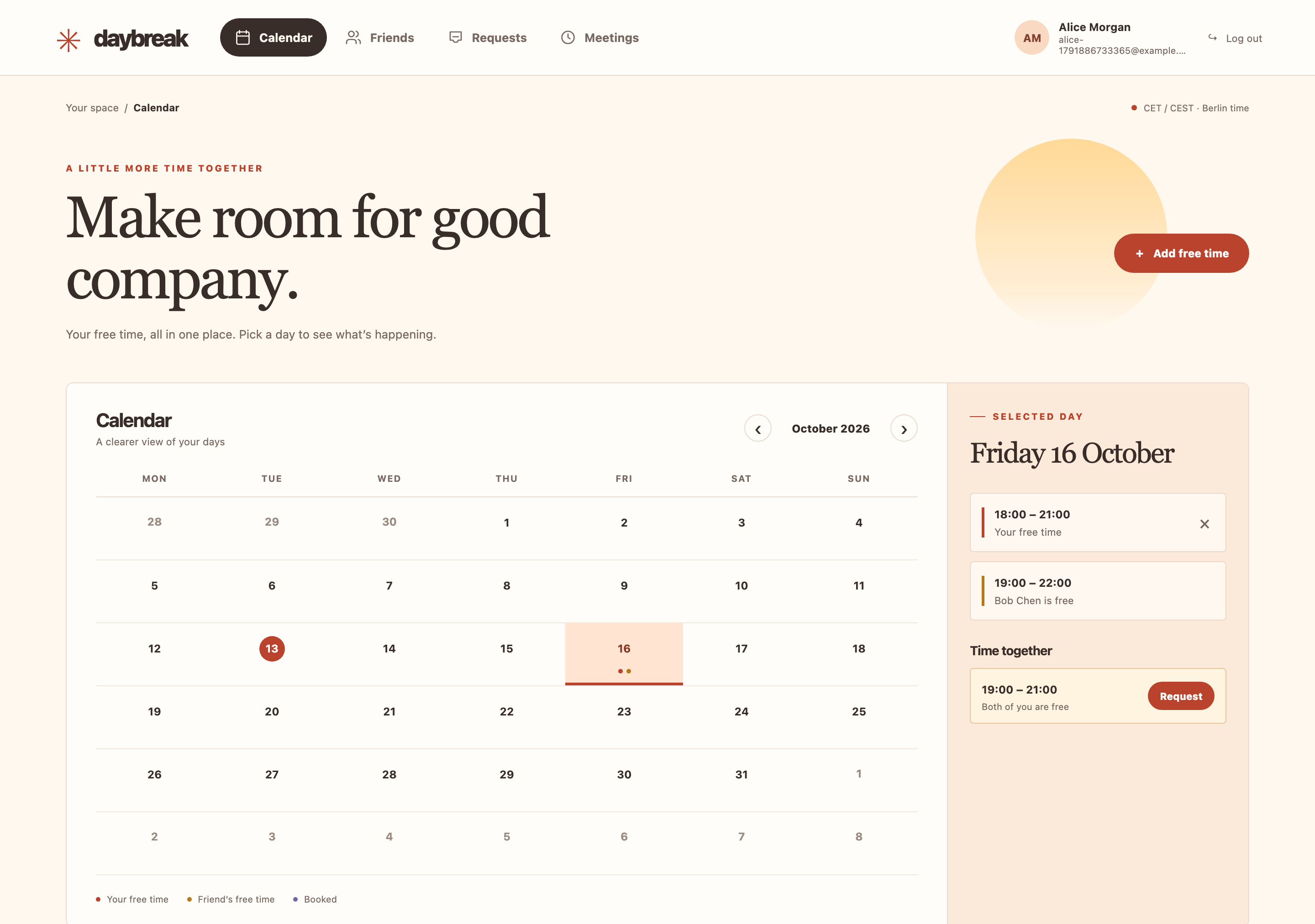 Daybreak: sharing availability and arranging meetings with friends